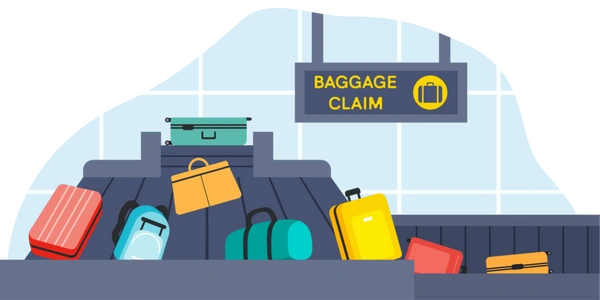 Baggage claim area at an airport with colorful suitcases—red, blue, green, yellow, and orange—on a conveyor belt beneath a 'BAGGAGE CLAIM' sign with a suitcase icon.