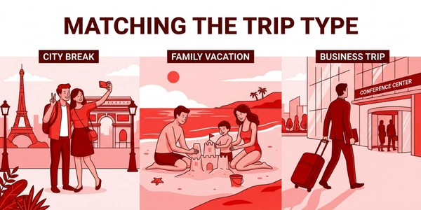 Illustration showing different travel styles including a city break, family beach holiday, and business trip, highlighting how Flight + Hotel packages from Mayflower Holidays can be tailored to suit different travel needs.