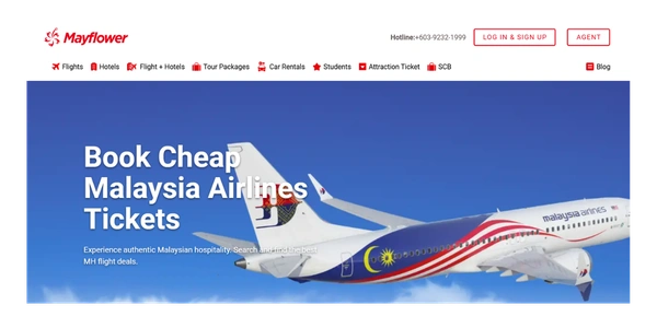 Mayflower Holidays website featuring a Malaysia Airlines aircraft and a promotional banner encouraging travelers to book affordable Malaysia Airlines tickets and explore flight deals.