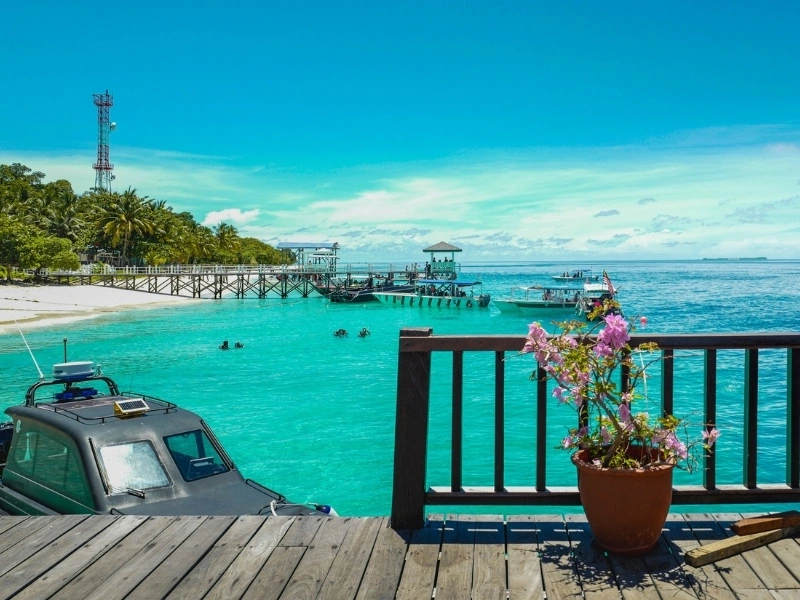 Scenic tropical beach with turquoise water, a wooden deck with a potted pink-flowered plant, swimmers in the sea, and a long pier with boats and structures in the background. Lush trees and an antenna tower line the shore under a partly cloudy sky.