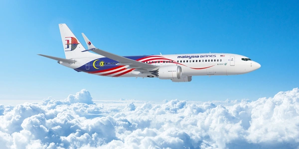 Malaysia Airlines Boeing 737 aircraft in special Malaysian flag livery flying above clouds under a clear blue sky.