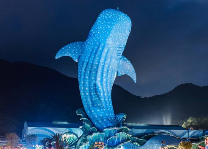 Majestic Blue Whale Shark-shaped aquarium at Chimelong Ocean Kingdom in Zhuhai, China, housing one of the world’s largest tanks filled with whale sharks, manta rays, and thousands of rare marine species. A highlight of the Ocean Wonders zone, offering immersive underwater views through a curved promenade.
