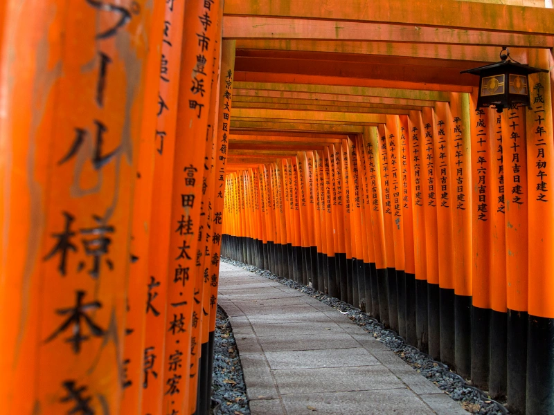 Pathway at Fushimi Inari Shrine in Kyoto, Japan, lined with bright orange torii gates inscribed with Japanese characters, forming a tunnel-like passage with a traditional lantern hanging on the side.