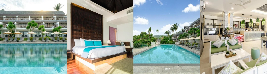 The image is a collage of four different scenes from the Andamantra Hotel in Phuket. The first scene shows an outdoor swimming pool with sun loungers and umbrellas, with a multi-story building in the background. The second scene depicts a modern hotel room with a large bed, decorative pillows, and wooden furnishings. The third scene features another view of an outdoor swimming pool surrounded by lush greenery and palm trees under a clear blue sky. The fourth scene shows an indoor area with seating arrangements, decorative items, and part of the hotel's reception or lounge area.