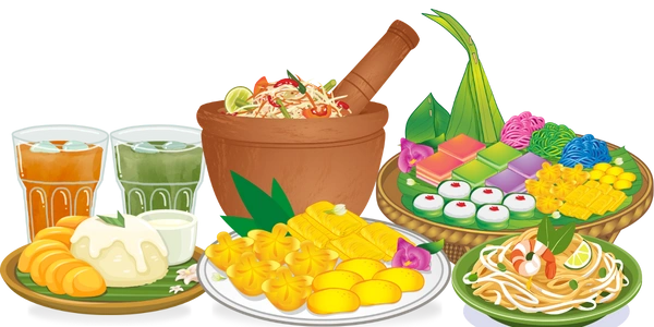 Assorted Thai food items including colorful drinks, mango sticky rice, noodle dishes, and traditional desserts wrapped in banana or pandan leaves, arranged on plates and in a wooden mortar.