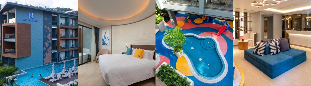 The image shows four different views of The Nature Phuket hotel. The first view is an exterior shot of the hotel building with a pool in front and people lounging by the poolside. The second view is of a modern, well-lit bedroom with a large bed, decorative pillows, and wall art. The third view is an aerial shot of a colorful outdoor pool area with various shapes and designs painted around it. The fourth view is an interior shot of the hotel's lobby or lounge area featuring contemporary furniture, including blue sofas and decorative cushions.