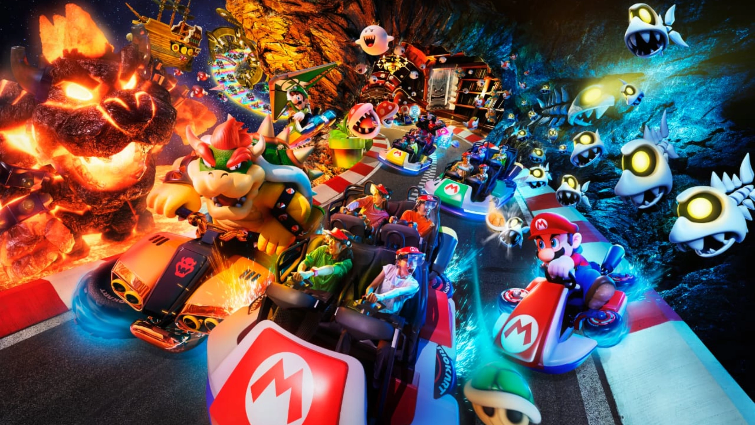 Mario Kart: Koopa's Challenge ride at Super Nintendo World in Universal Studios Japan featuring Bowser and Mario karts.