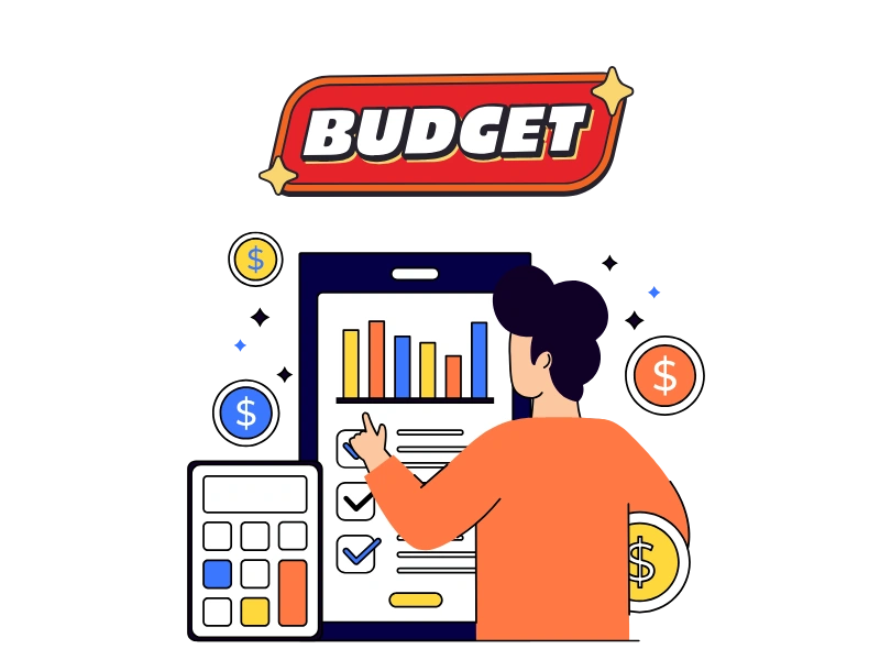 Person interacting with a large screen showing a bar chart, checklists, and the word 'BUDGET' in a red banner, surrounded by financial icons like dollar signs and a calculator.