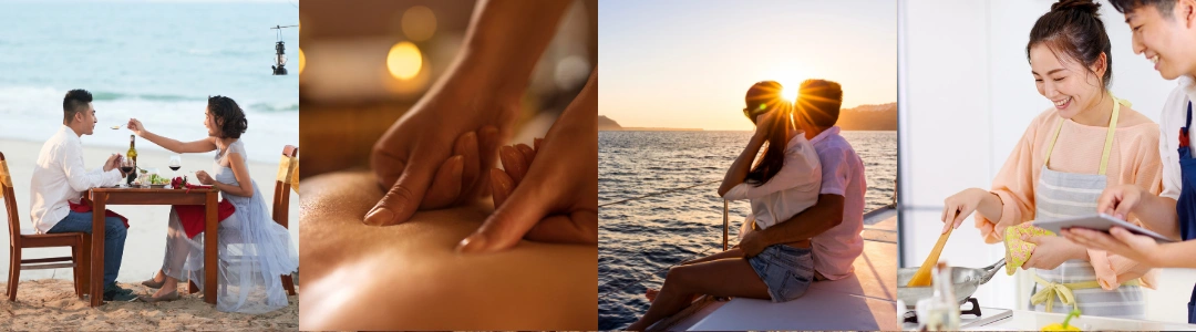A collage of four different scenes. The first scene shows a couple dining on the beach, with the man holding a wine glass and the woman reaching for something on the table. The second scene depicts close-up hands performing a massage on someone's back. The third scene features a couple sitting on a boat, embracing each other while watching the sunset. The fourth scene shows two people in what appears to be a kitchen setting, with one person holding an egg and another person looking at an electronic device.