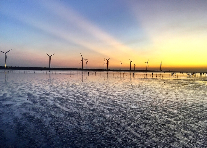 Scenic view of Gaomei Wetlands in Taichung, Taiwan, featuring expansive tidal flats, wind turbines, and rich wetland vegetation. The area is known for its ecological diversity, migratory birds, and stunning sunsets over the coastal landscape.