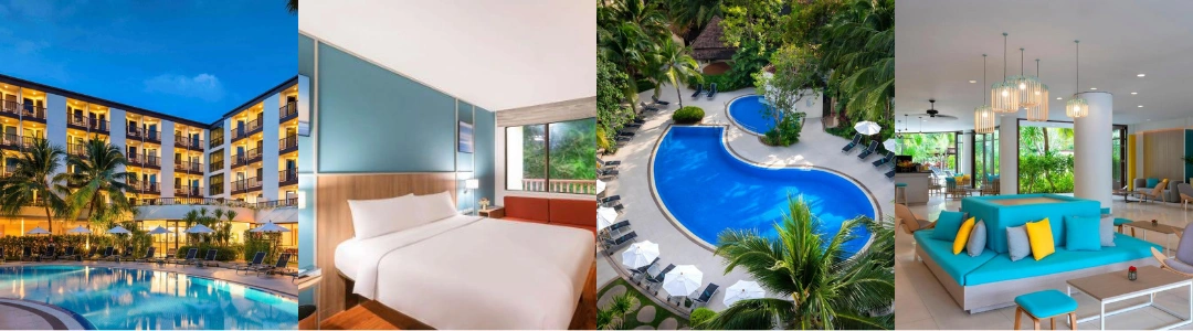 The image shows four different views of the Ibis Patong Phuket Hotel. The first view is an exterior shot of the hotel building at dusk, with a swimming pool in front and palm trees surrounding it. The second view is of a modern, well-lit hotel room with a large bed, blue accent wall, and window overlooking greenery. The third view is an aerial shot of the hotel's uniquely shaped swimming pool surrounded by sun loungers and lush tropical vegetation. The fourth view is of the hotel's lobby area featuring contemporary furniture in shades of blue and yellow, with large windows providing natural light.