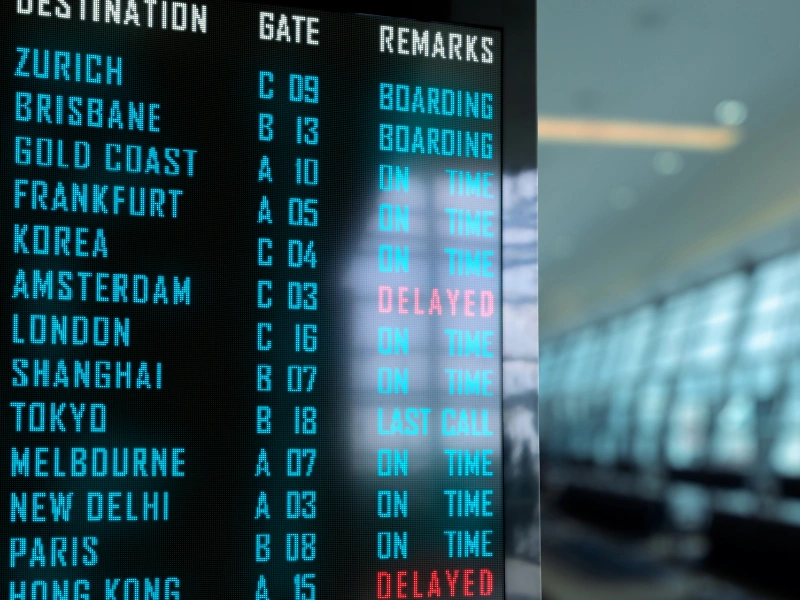 Airport departure board displaying flight destinations, gates, and statuses including boarding, on time, delayed, and last call. Destinations include Zurich, Brisbane, Tokyo, Amsterdam, and more.