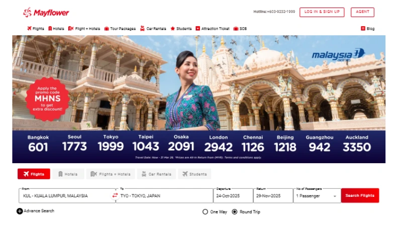 Mayflower travel booking website showing a banner with flight deals from Malaysia Airlines to destinations like Bangkok, Tokyo, and London, and a flight search form filled with Kuala Lumpur to Tokyo travel details.