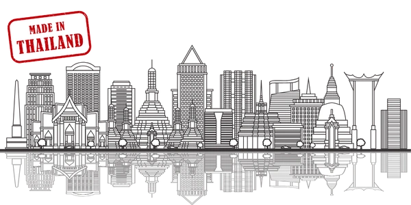 Black and white line drawing of a city skyline featuring modern skyscrapers and traditional buildings, with a mirrored reflection below and a red 'MADE IN THAILAND' stamp in the top left corner.