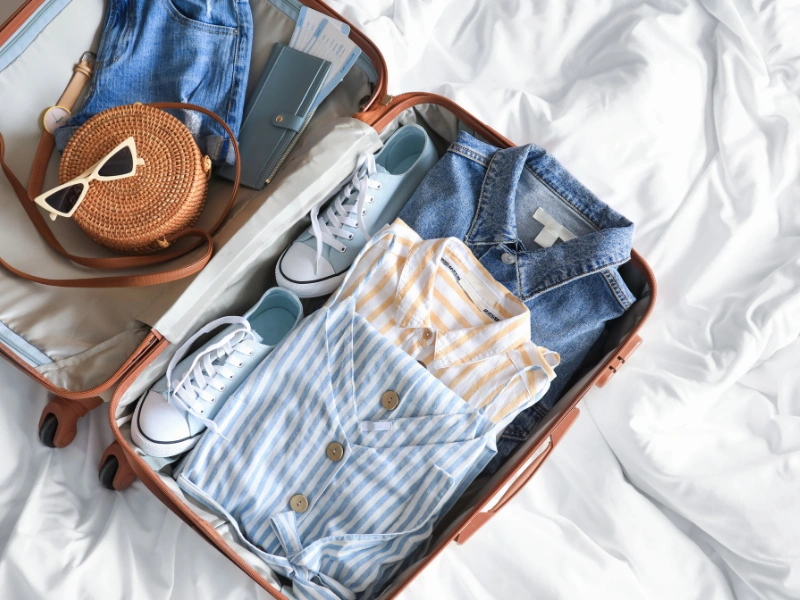 Open suitcase on a bed packed with travel essentials including sneakers, denim jacket, striped clothing, jeans, a straw hat with sunglasses, and a passport or notebook.