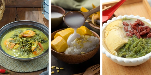 A three-panel food collage featuring traditional Malaysian durian-based dishes. Left: a bowl of tempoyak ubi kayu with leafy vegetables and prawns in a creamy yellow fermented durian gravy. Centre: sticky rice topped with durian flesh and drizzled with coconut milk in a rustic bowl. Right: a bowl of cendol durian served with durian pulp, red beans, and green jelly noodles.