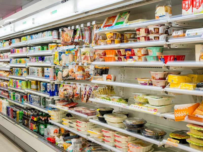 Supermarket aisle with neatly arranged shelves stocked with packaged meals, dairy products, beverages, and snacks in various containers and packaging.